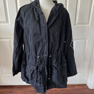 Torrid Womens Jacket Size 3 /3X Pockets Black Sequins Hood Drawstring Canvas